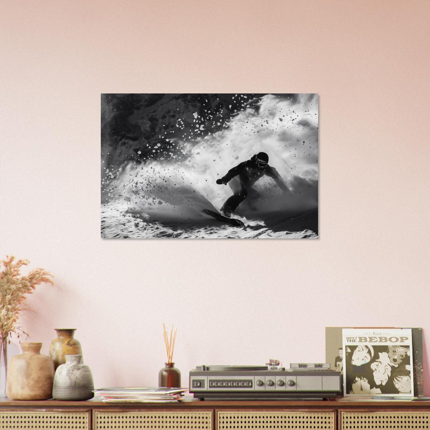 Vente Photo d'un snowboardeur dans la poudre - Noir & Blanc - Tableau photo paysage IA