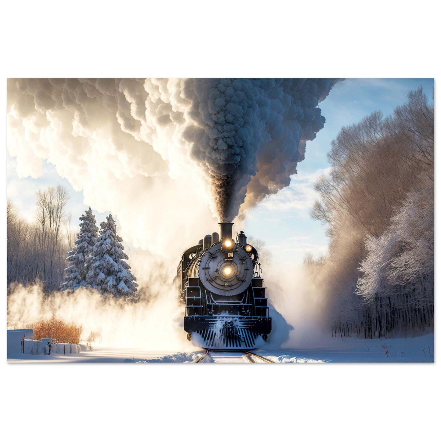 Vente Photo d'un train à vapeur dans un paysage entouré de neige - Tableau alu paysage IA