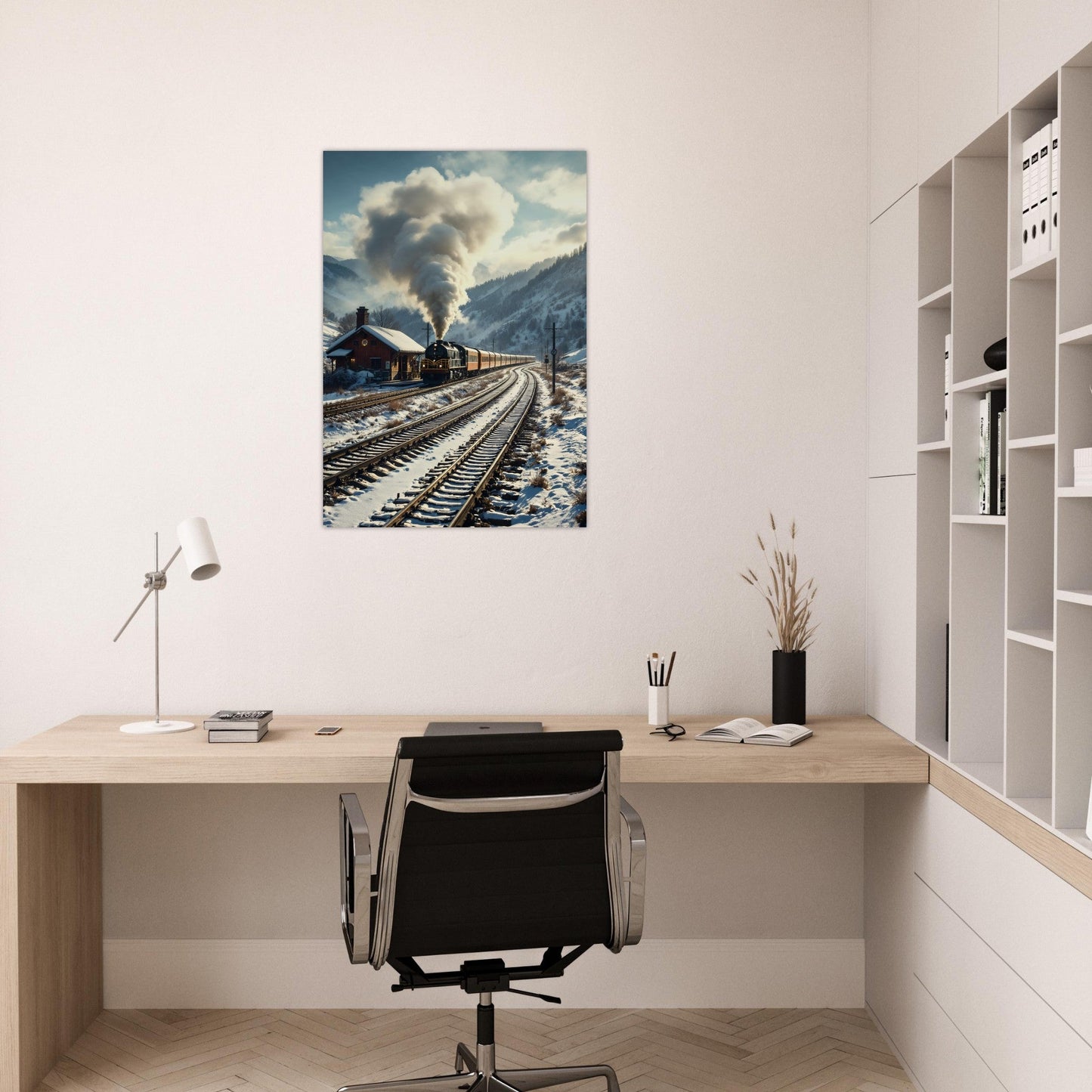 Vente Photo d'un train à vapeur dans un paysage entouré de neige - Tableau alu paysage IA