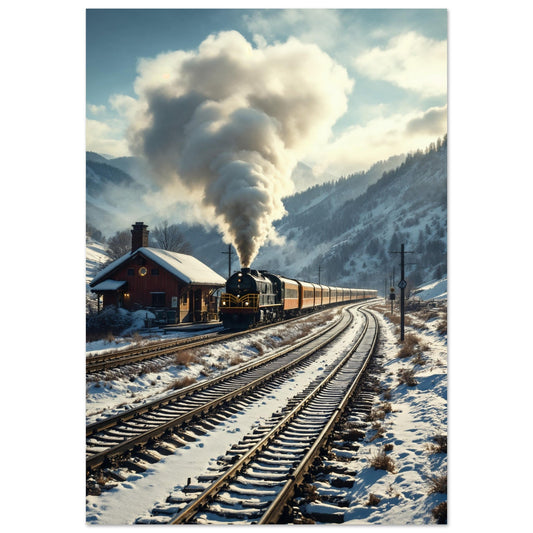 Vente Photo d'un train à vapeur dans un paysage entouré de neige - Tableau alu paysage IA