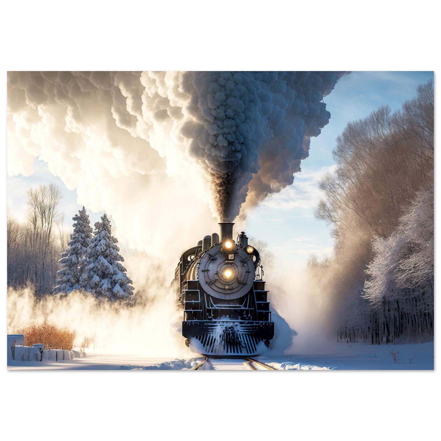 Vente Photo d'un train à vapeur dans un paysage entouré de neige - Tableau alu paysage IA