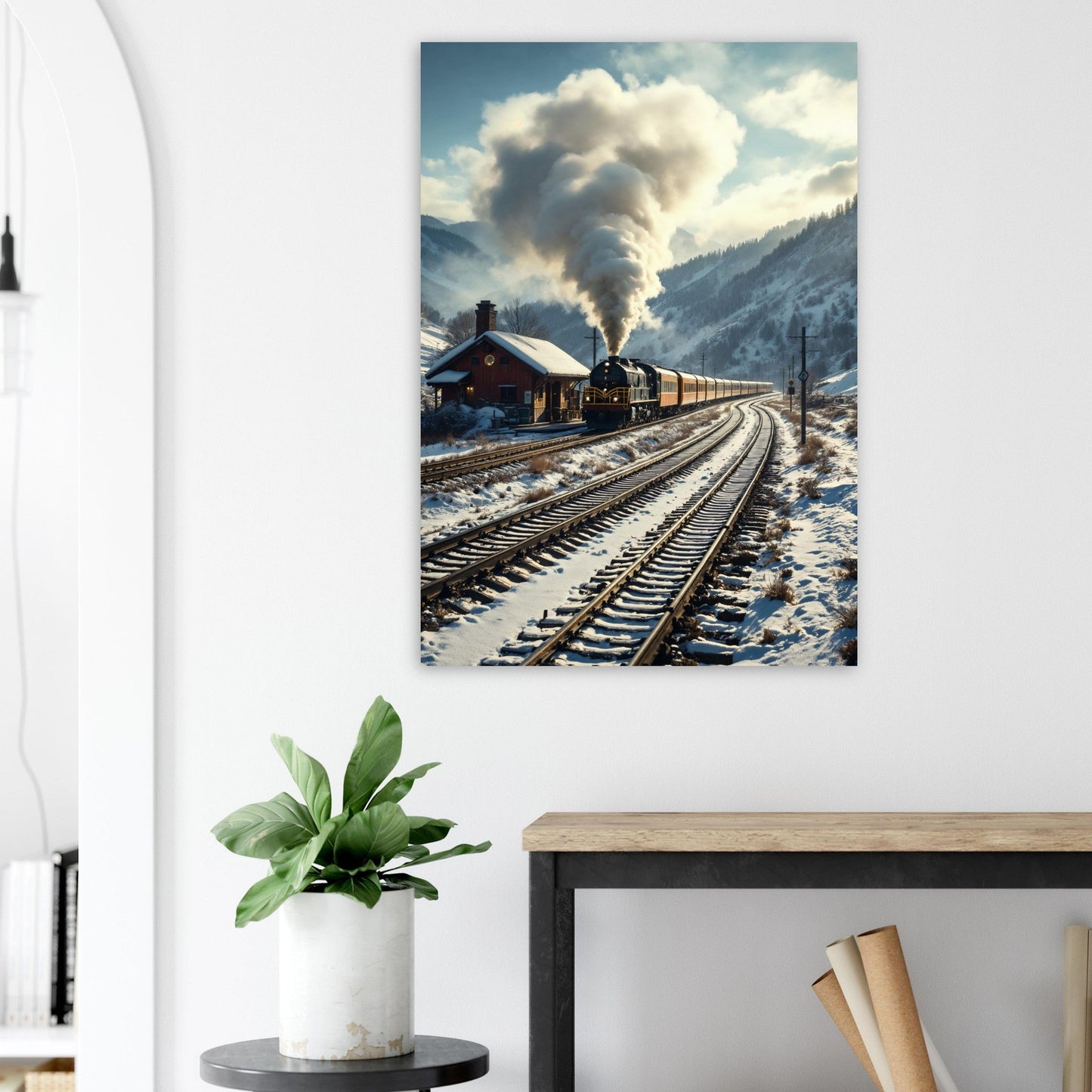 Vente Photo d'un train à vapeur dans un paysage entouré de neige - Tableau alu paysage IA