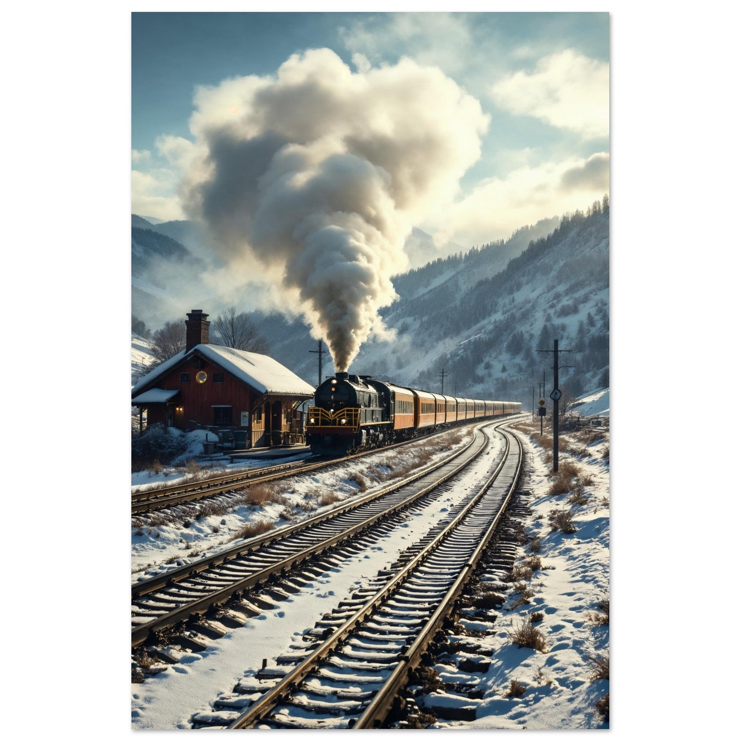 Vente Photo d'un train à vapeur dans un paysage entouré de neige - Tableau alu paysage IA