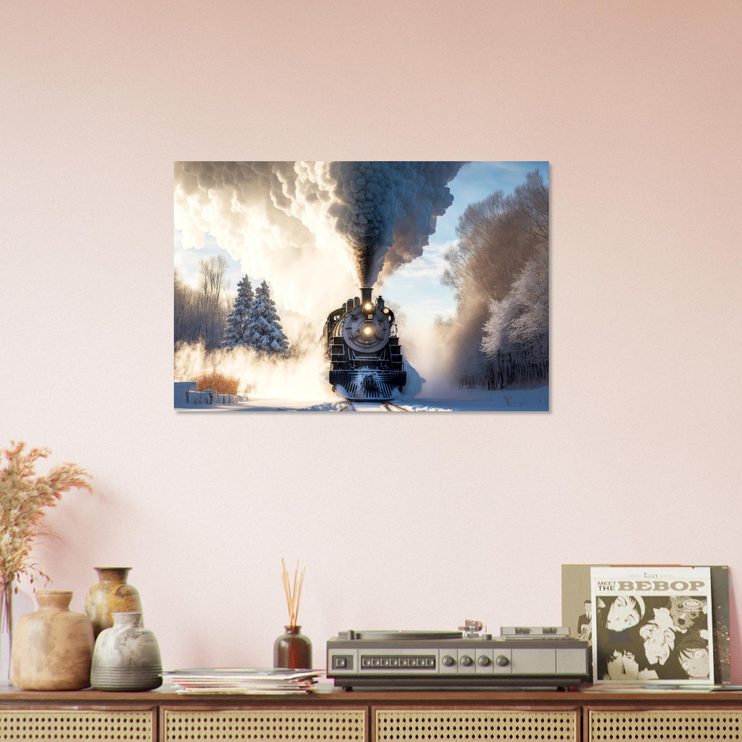 Vente Photo d'un train à vapeur dans un paysage entouré de neige - Tableau alu paysage IA