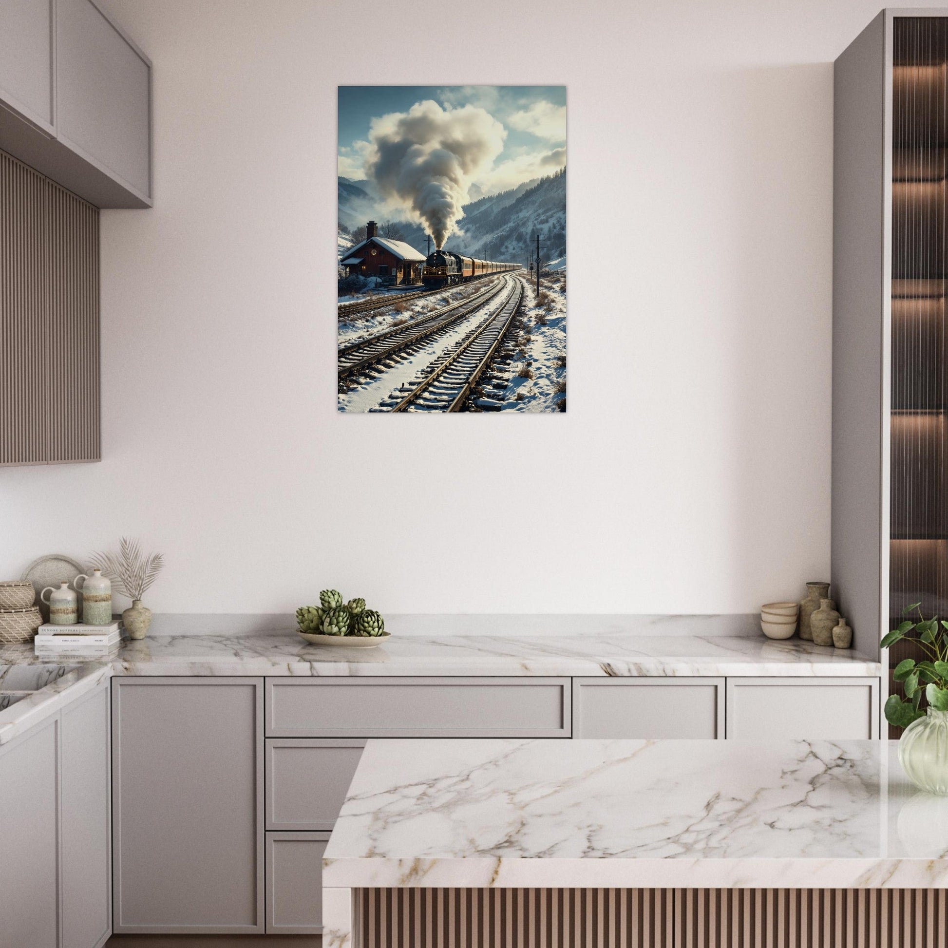 Vente Photo d'un train à vapeur dans un paysage entouré de neige - Tableau alu paysage IA