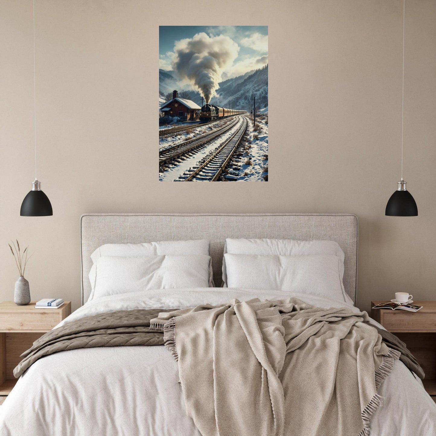 Vente Photo d'un train à vapeur dans un paysage entouré de neige - Tableau alu paysage IA