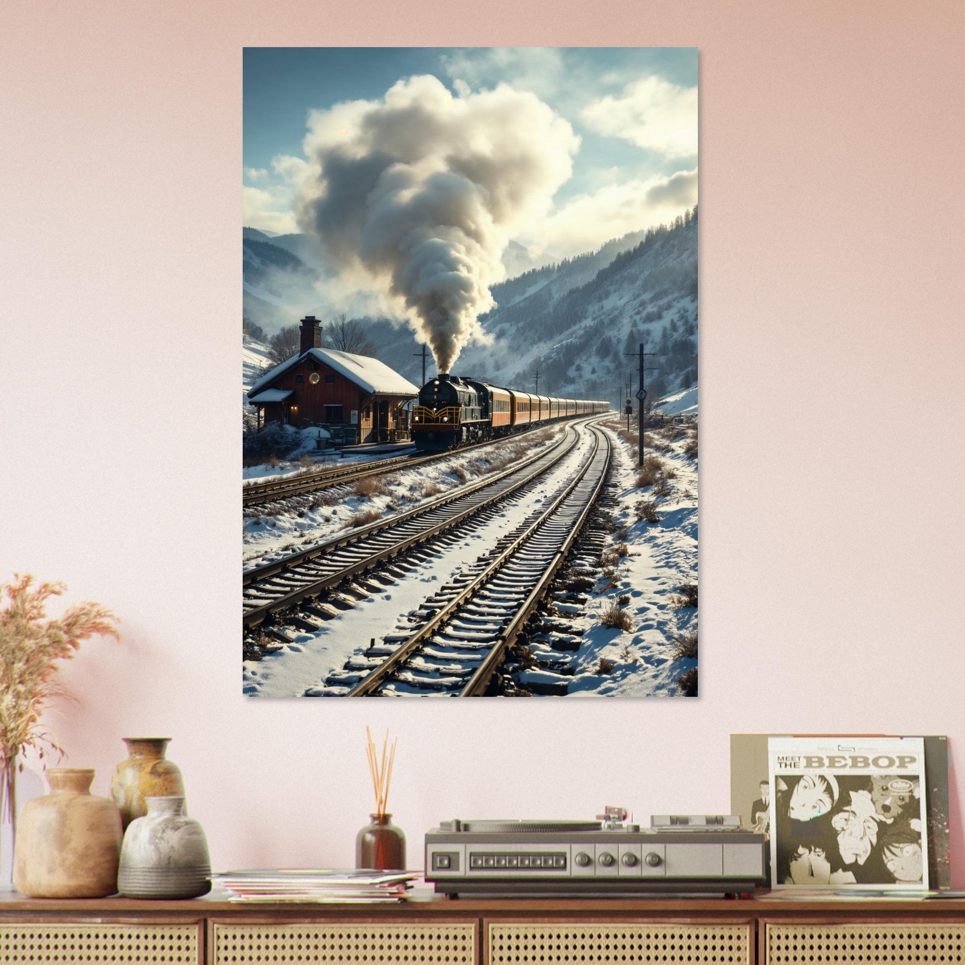 Vente Photo d'un train à vapeur dans un paysage entouré de neige - Tableau alu paysage IA