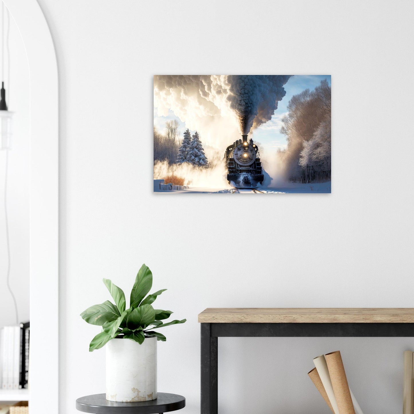 Vente Photo d'un train à vapeur dans un paysage entouré de neige - Tableau alu paysage IA