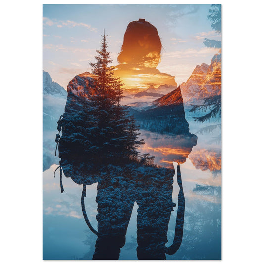 Vente Photo fusion : randonneur, montagne et coucher de soleil - Print Tableau photo alu montagne