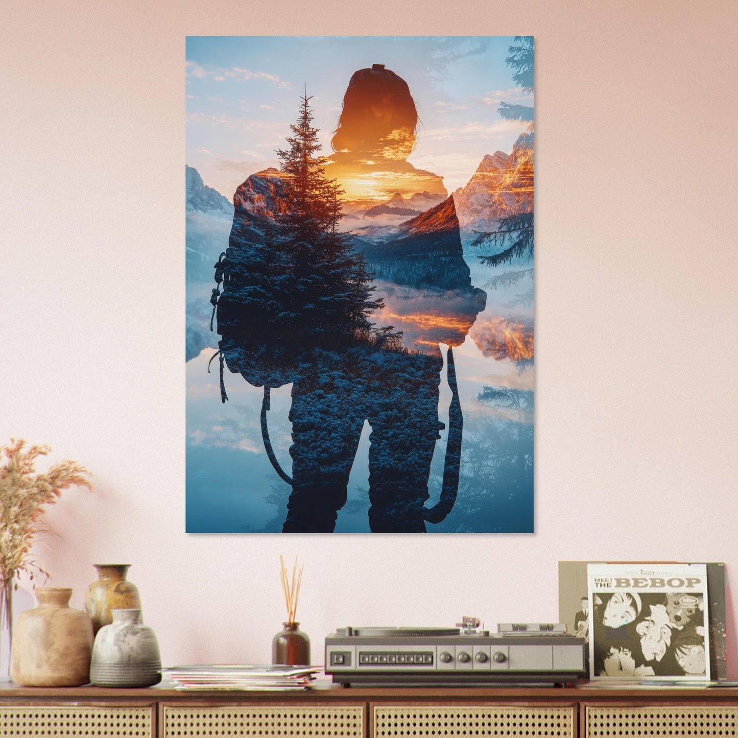 Vente Photo fusion : randonneur, montagne et coucher de soleil - Print Tableau photo alu montagne