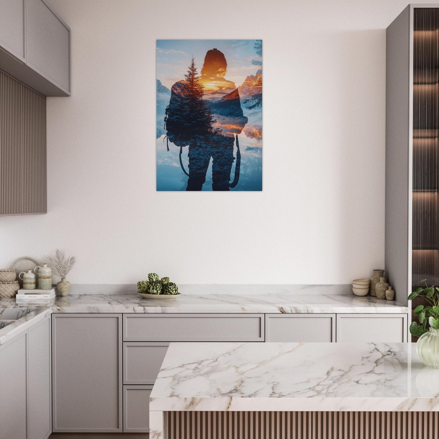 Vente Photo fusion : randonneur, montagne et coucher de soleil - Print Tableau photo alu montagne