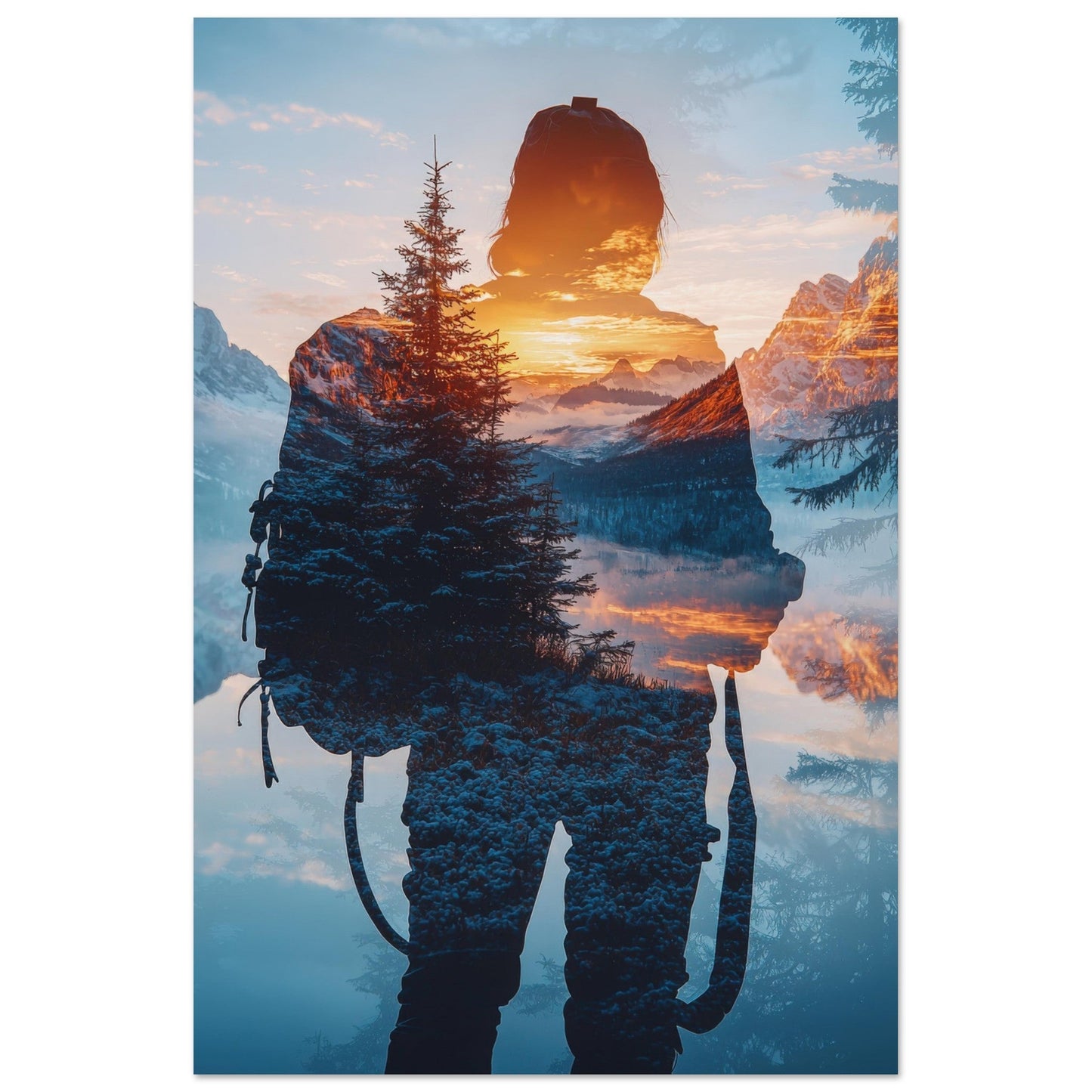 Vente Photo fusion : randonneur, montagne et coucher de soleil - Print Tableau photo alu montagne