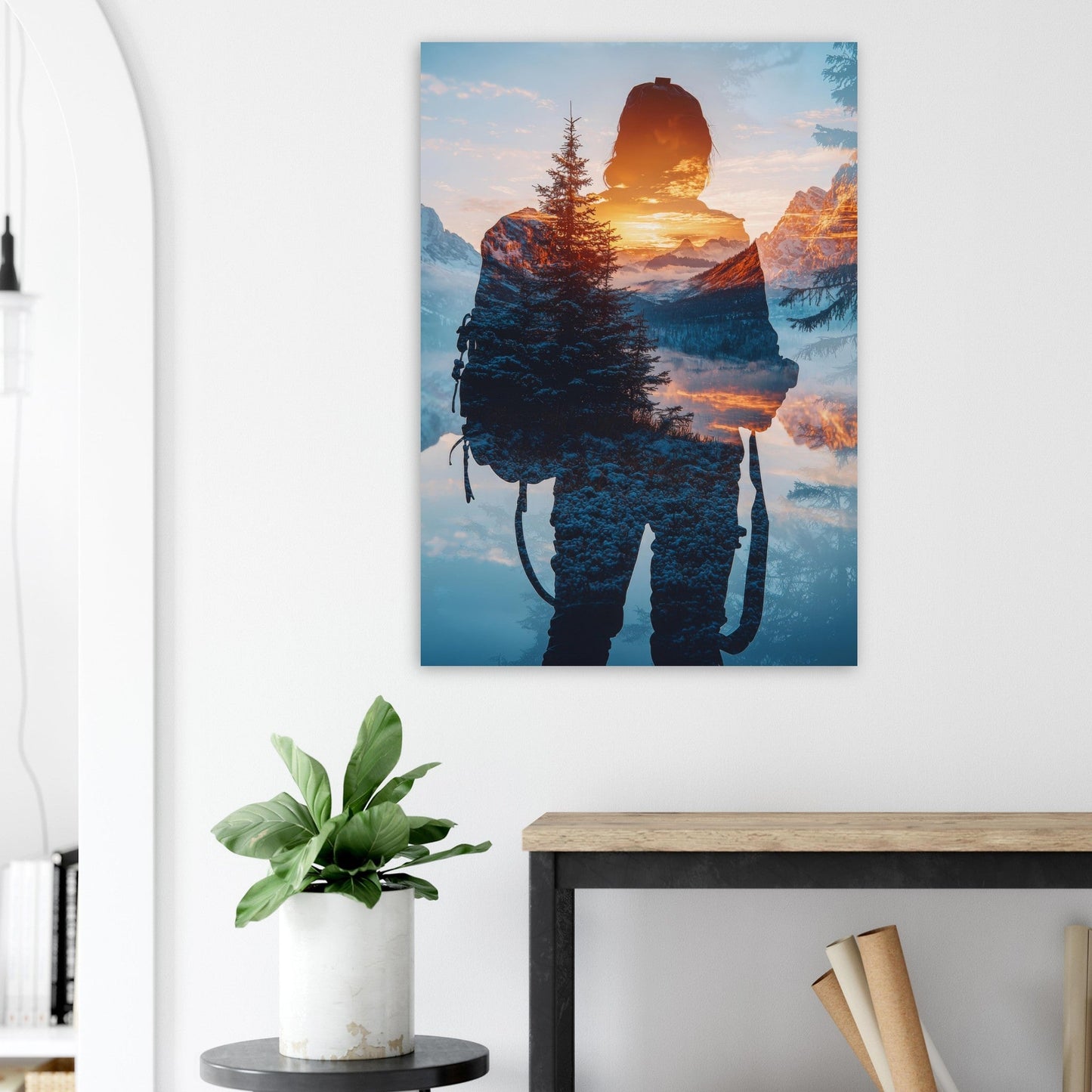 Vente Photo fusion : randonneur, montagne et coucher de soleil - Print Tableau photo alu montagne