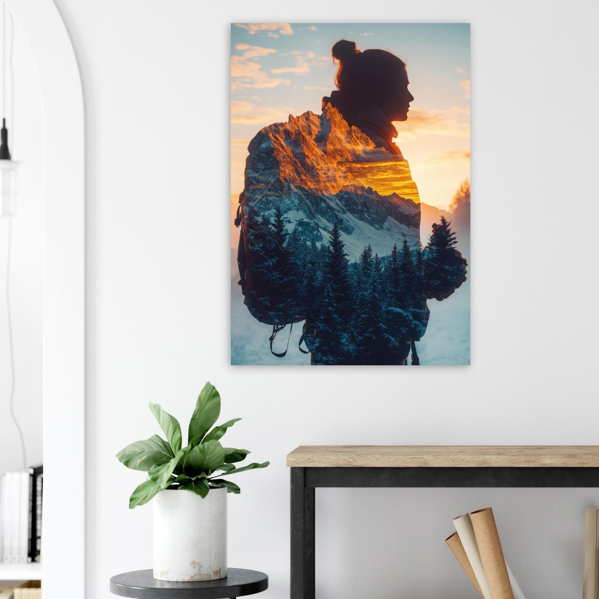 Vente Photo fusion : randonneur, montagne et coucher de soleil - Tableau photo alu montagne