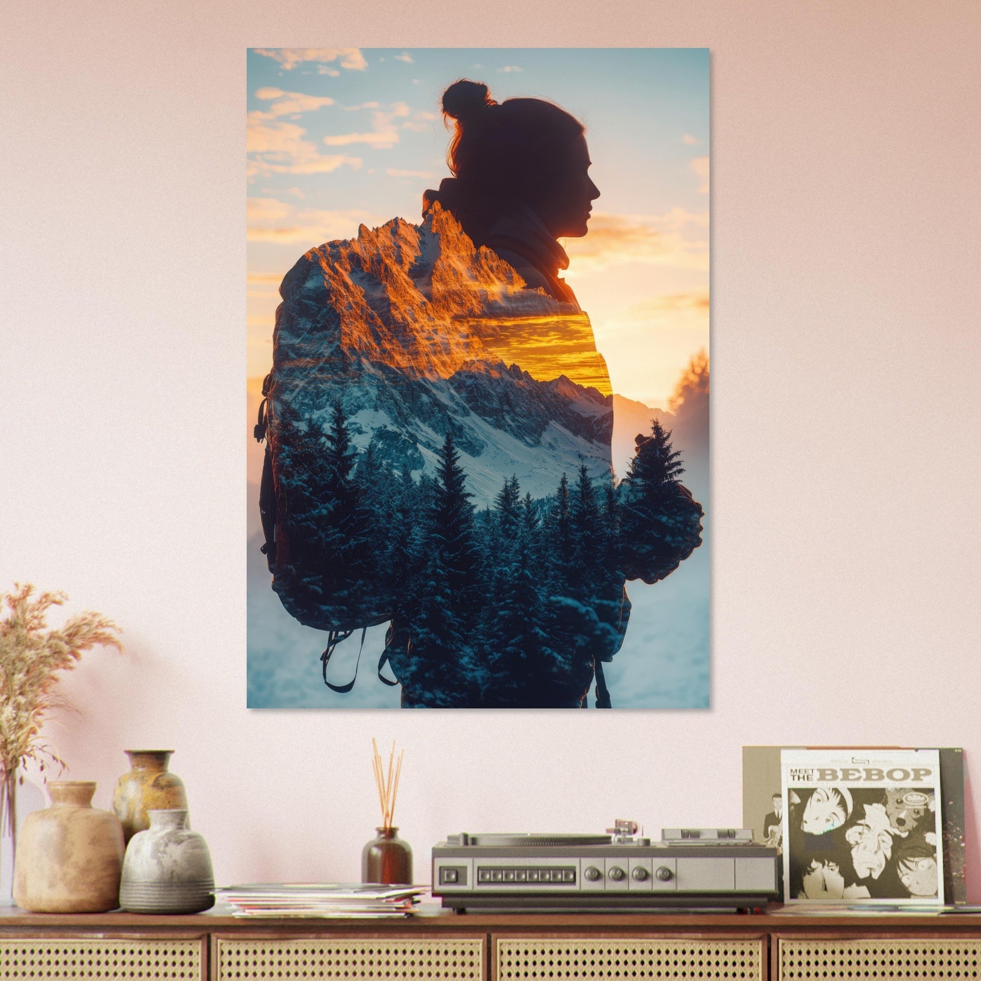 Vente Photo fusion : randonneur, montagne et coucher de soleil - Tableau photo alu montagne