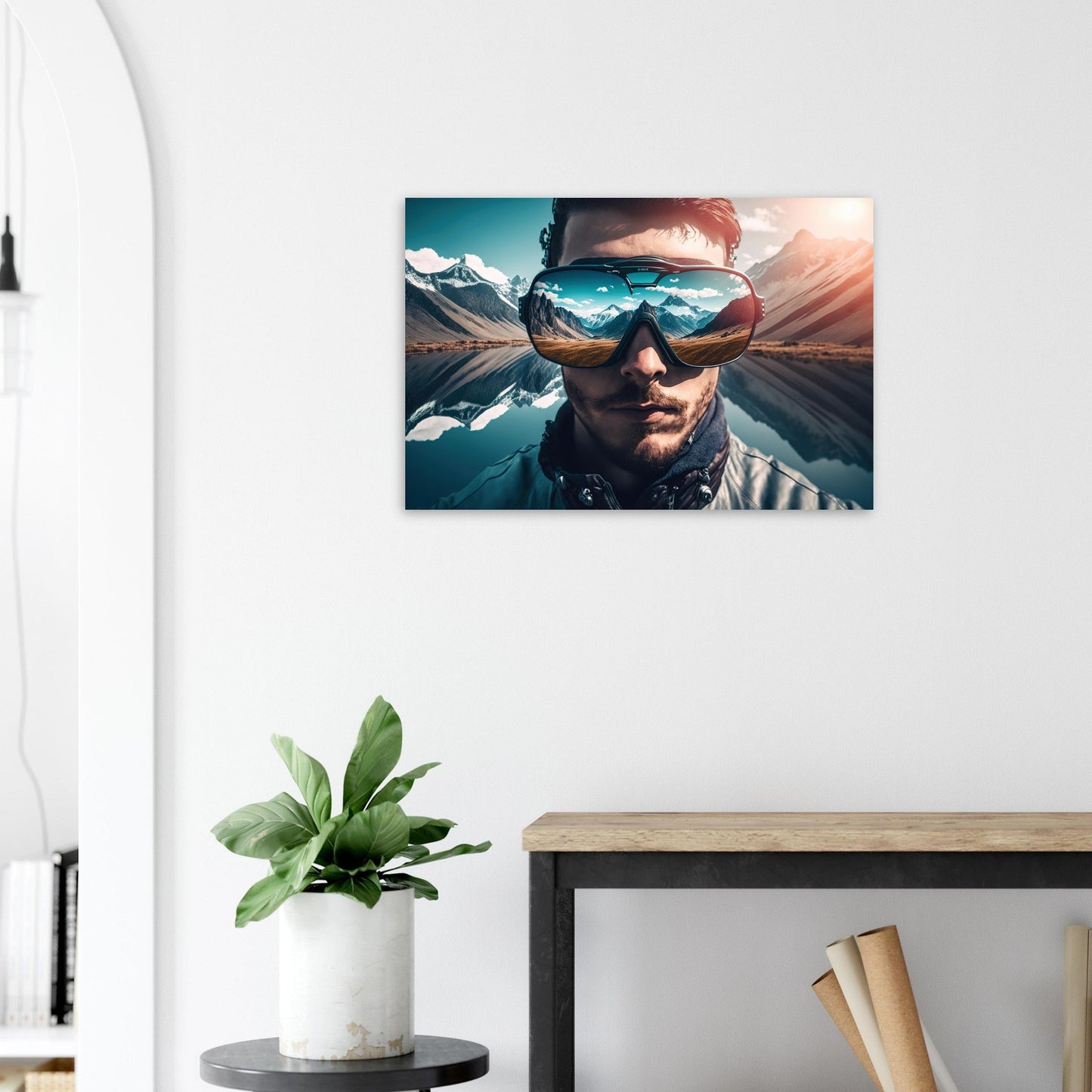 Vente Photo reflet paysage de montagne dans lunettes de soleil - Tableau photo alu montagne