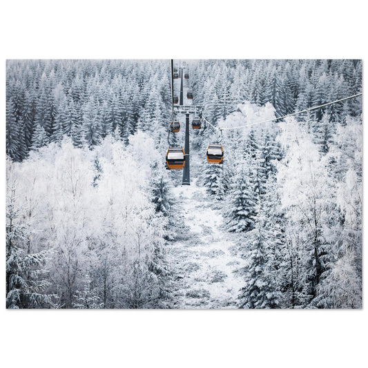 Vente Photo télécabines rouge au milieux de sapins enneigés - Tableau photo alu montagne