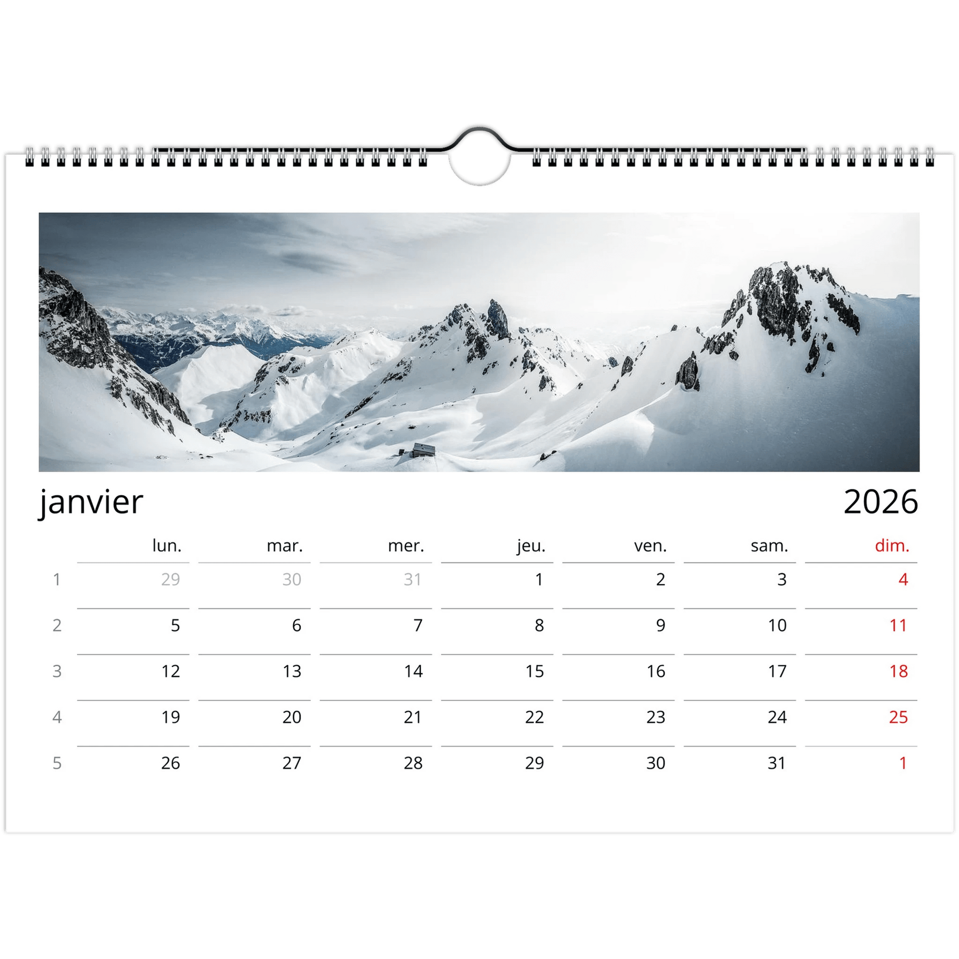 Tableau photo Calendriers muraux 2026 (Europe et Reste du monde) — tirage aluminium Dibond mat, fabrication française, prêt à accrocher