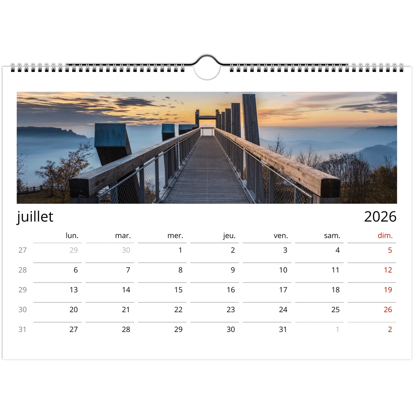 Tableau photo Calendriers muraux 2026 (Europe et Reste du monde) — tirage aluminium Dibond mat, fabrication française, prêt à accrocher
