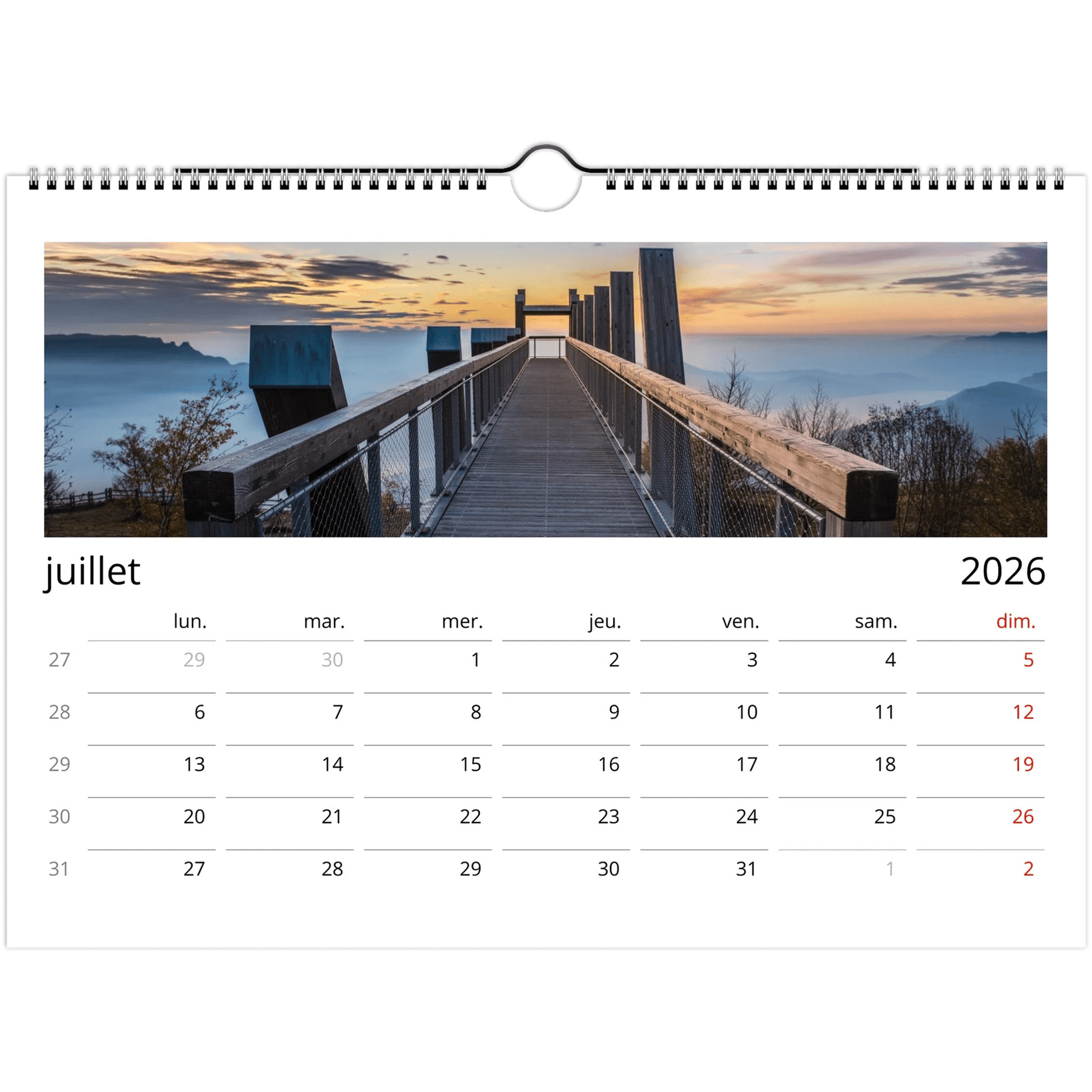 Tableau photo Calendriers muraux 2026 (Europe et Reste du monde) — tirage aluminium Dibond mat, fabrication française, prêt à accrocher