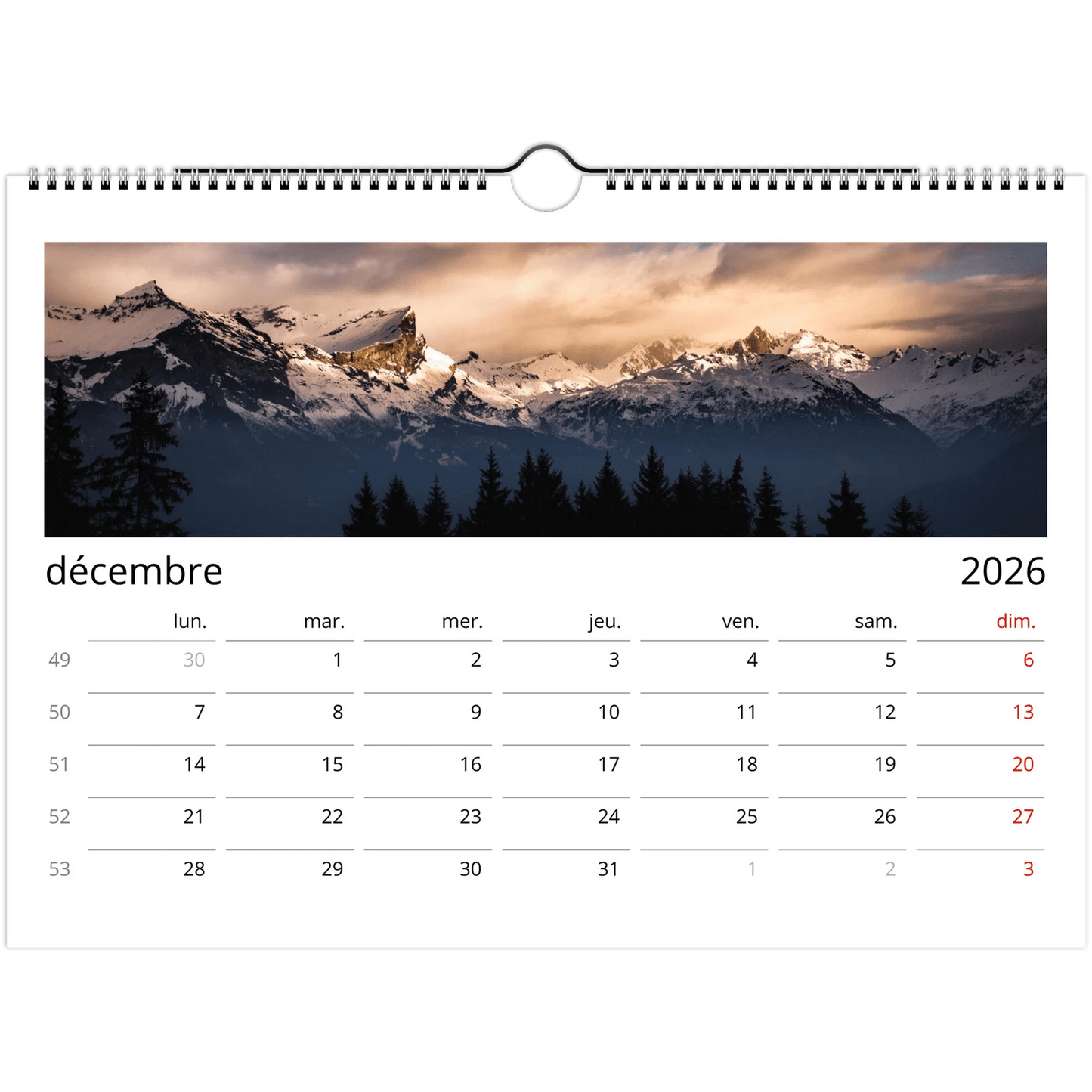 Tableau photo Calendriers muraux 2026 (Europe et Reste du monde) — tirage aluminium Dibond mat, fabrication française, prêt à accrocher