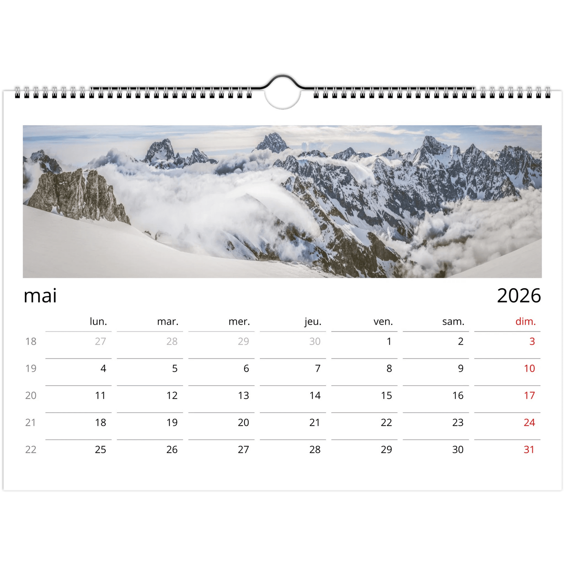 Tableau photo Calendriers muraux 2026 (Europe et Reste du monde) — tirage aluminium Dibond mat, fabrication française, prêt à accrocher