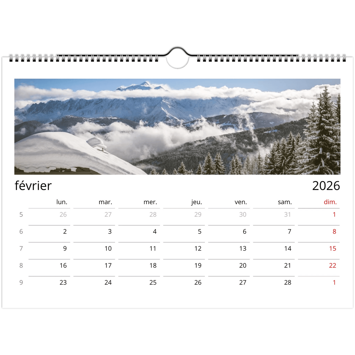 Tableau photo Calendriers muraux 2026 (Europe et Reste du monde) — tirage aluminium Dibond mat, fabrication française, prêt à accrocher