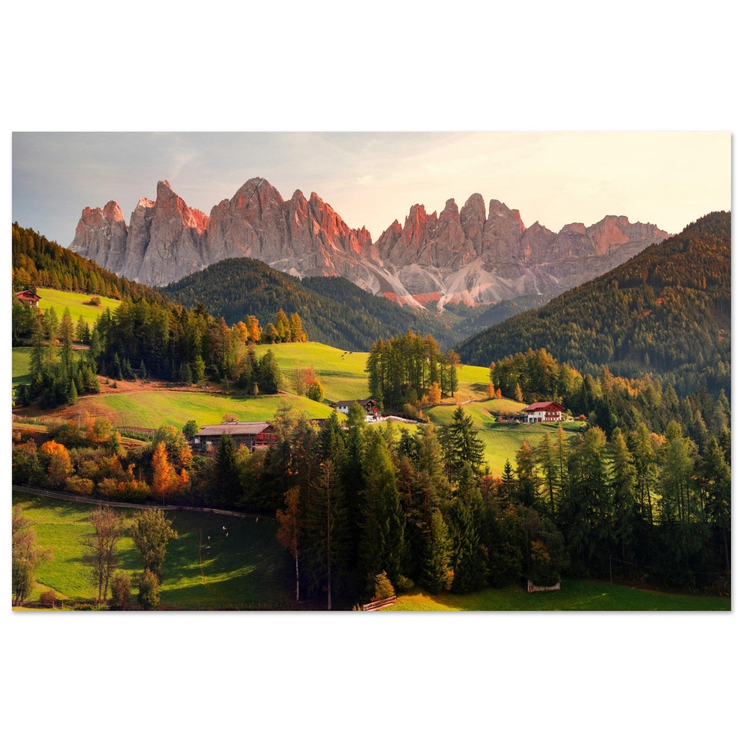 Tableau photo Photo de Funes, Trentin - Haut - Adige, Italie 1 — tirage aluminium Dibond mat, fabrication française, prêt à accrocher