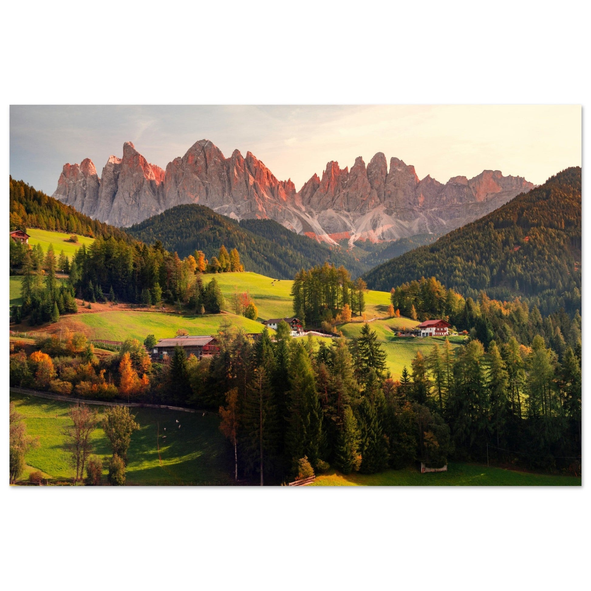 Tableau photo Photo de Funes, Trentin - Haut - Adige, Italie 1 — tirage aluminium Dibond mat, fabrication française, prêt à accrocher