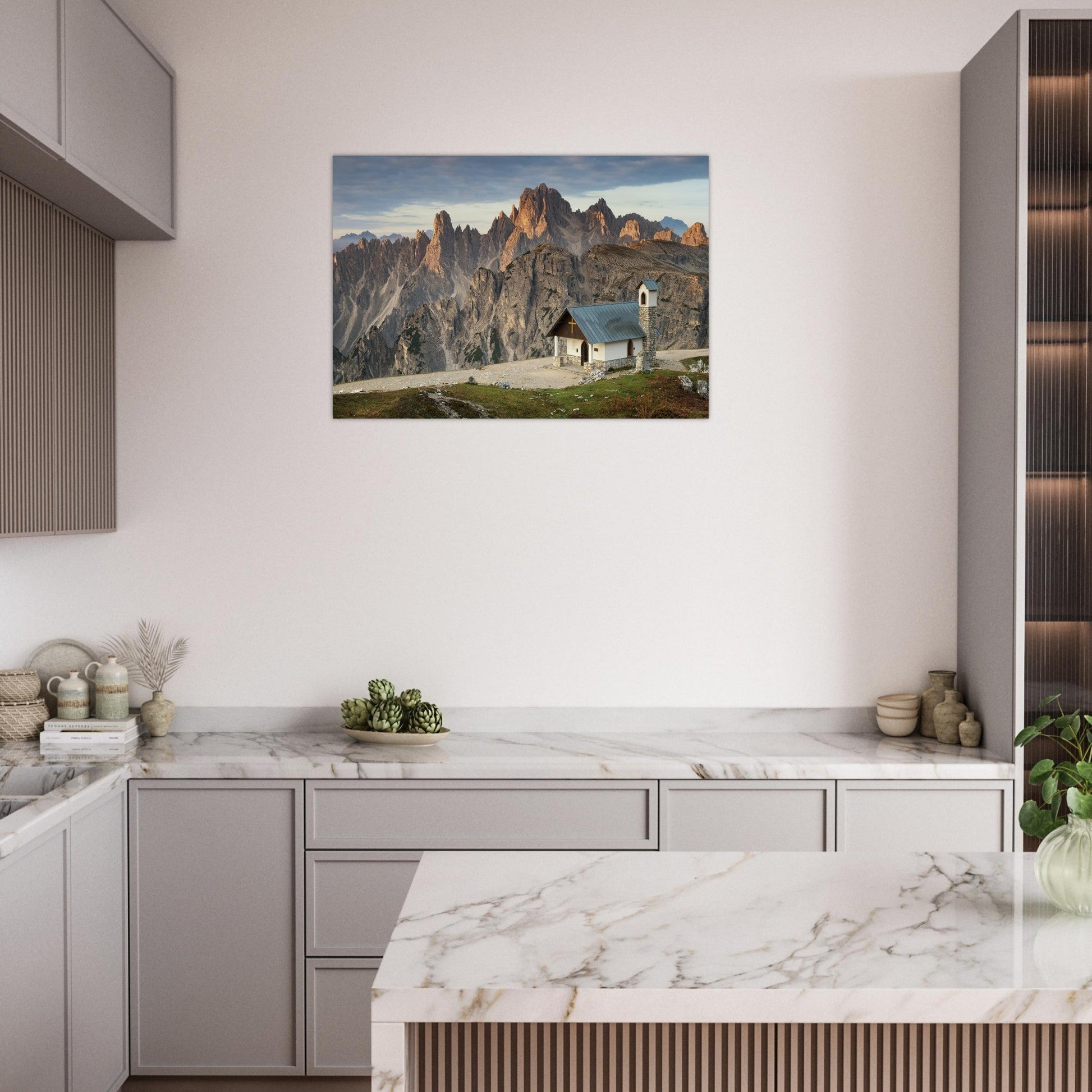 Tableau photo Photo de la Chapelle des Alpins & Cadini — Dolomites — tirage aluminium Dibond mat, fabrication française, prêt à accrocher