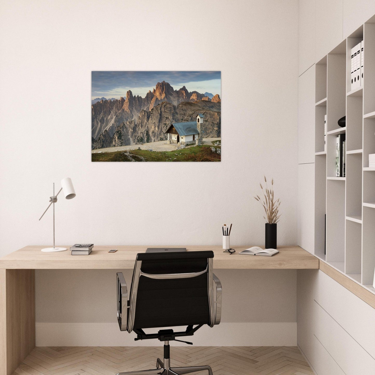 Tableau photo Photo de la Chapelle des Alpins & Cadini — Dolomites — tirage aluminium Dibond mat, fabrication française, prêt à accrocher