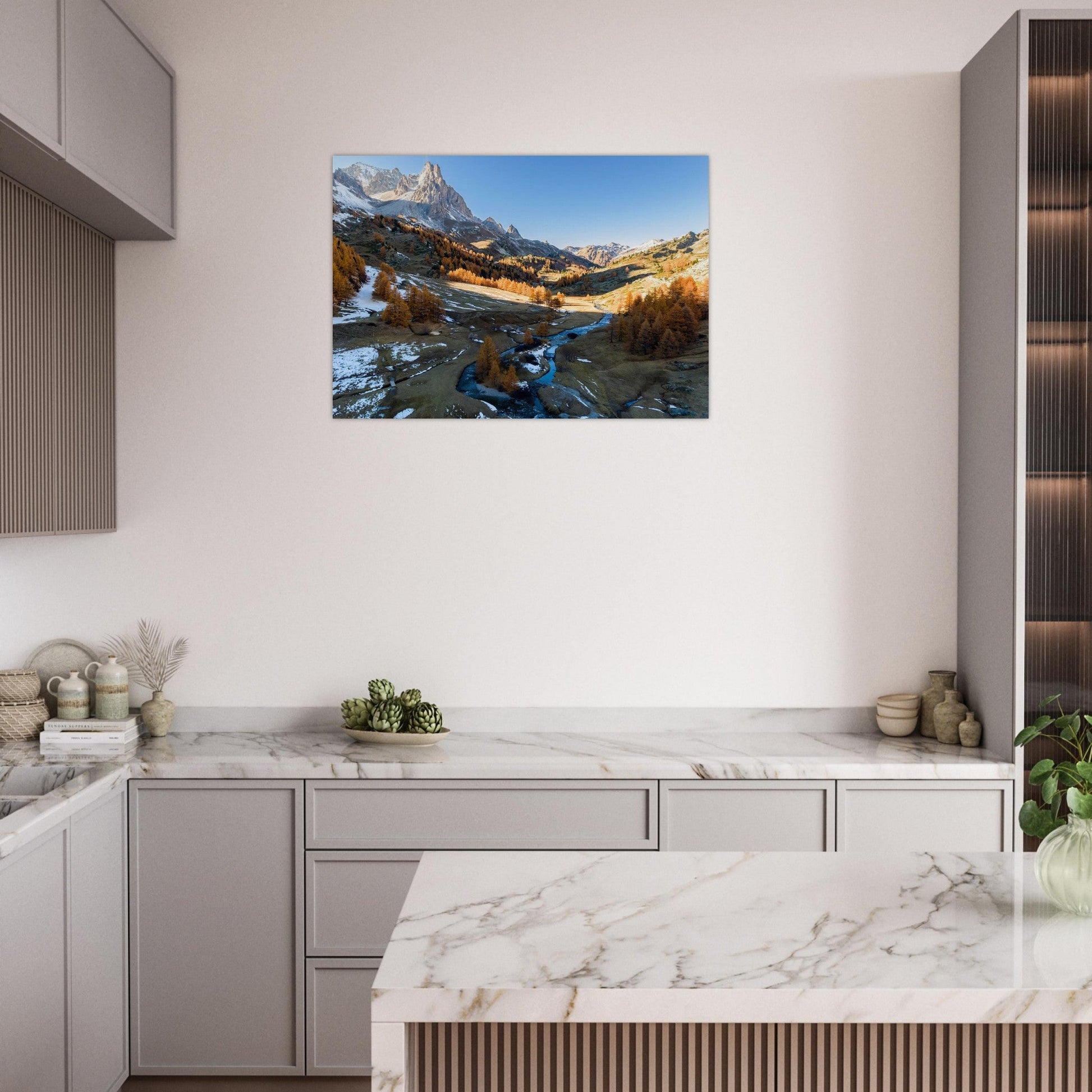 Tableau photo Photo de la Vallée de la Clarée — mélèzes & rivière (Alpes) — tirage aluminium Dibond mat, fabrication française, prêt à accrocher