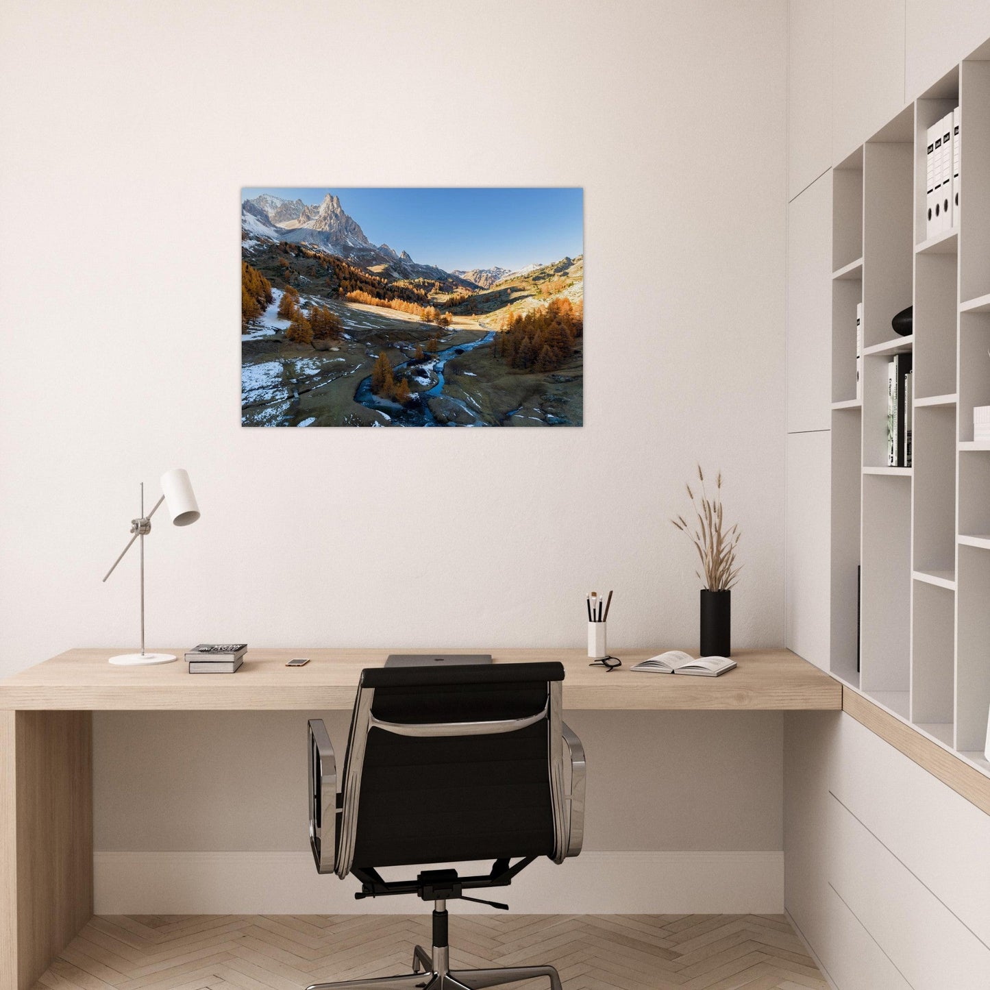 Tableau photo Photo de la Vallée de la Clarée — mélèzes & rivière (Alpes) — tirage aluminium Dibond mat, fabrication française, prêt à accrocher