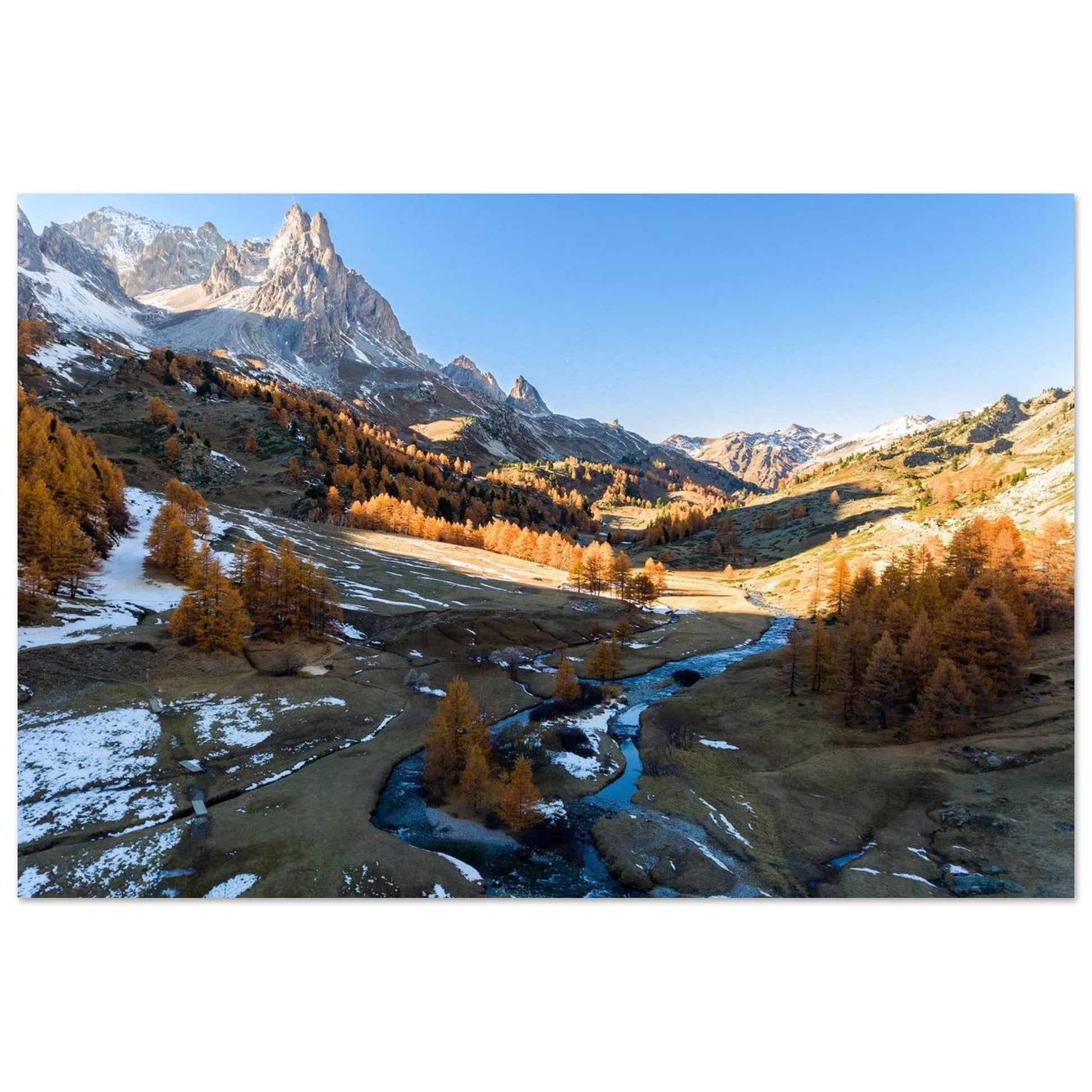 Tableau photo Photo de la Vallée de la Clarée — mélèzes & rivière (Alpes) — tirage aluminium Dibond mat, fabrication française, prêt à accrocher