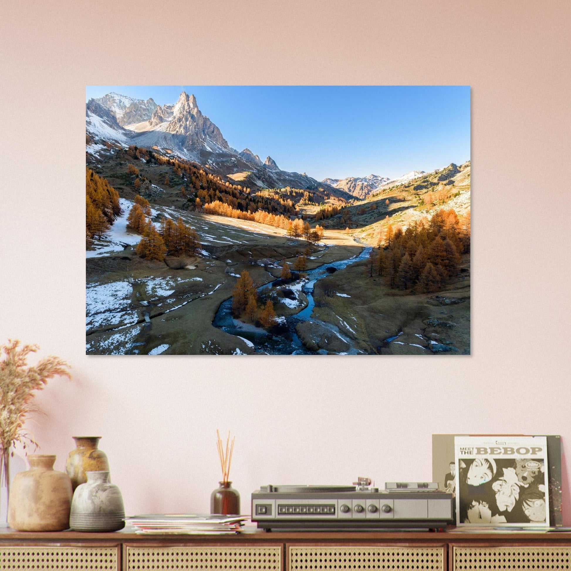 Tableau photo Photo de la Vallée de la Clarée — mélèzes & rivière (Alpes) — tirage aluminium Dibond mat, fabrication française, prêt à accrocher