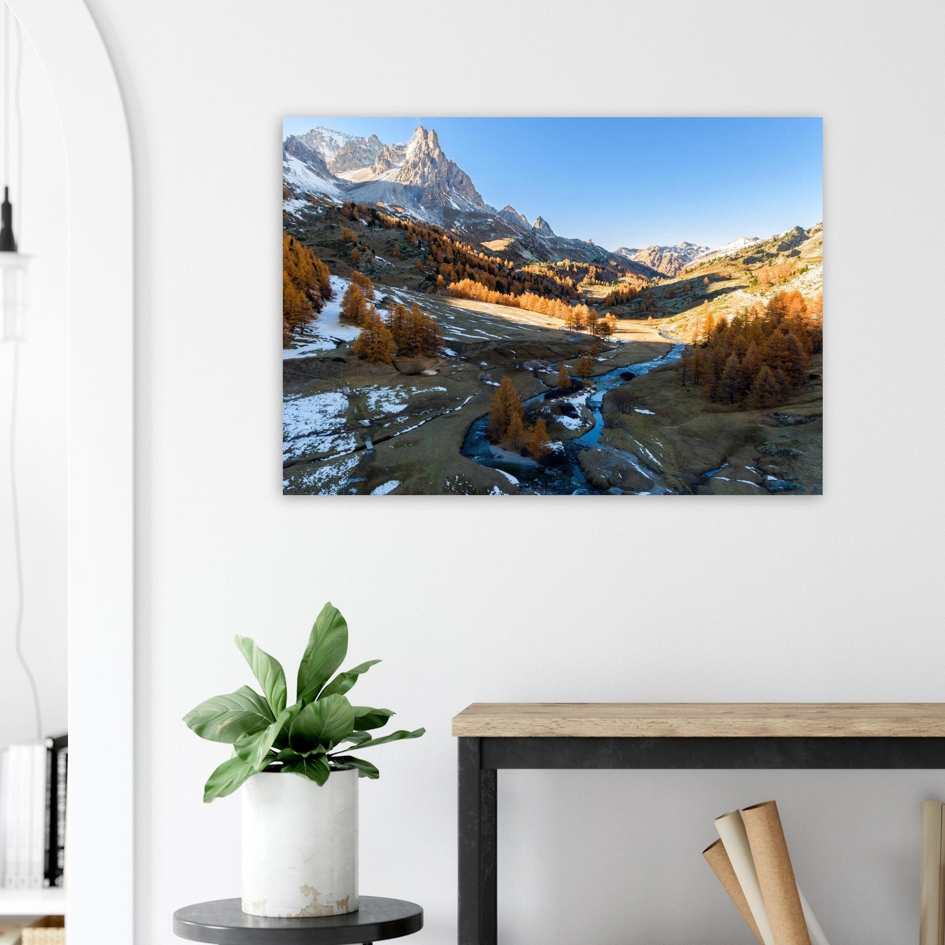 Tableau photo Photo de la Vallée de la Clarée — mélèzes & rivière (Alpes) — tirage aluminium Dibond mat, fabrication française, prêt à accrocher