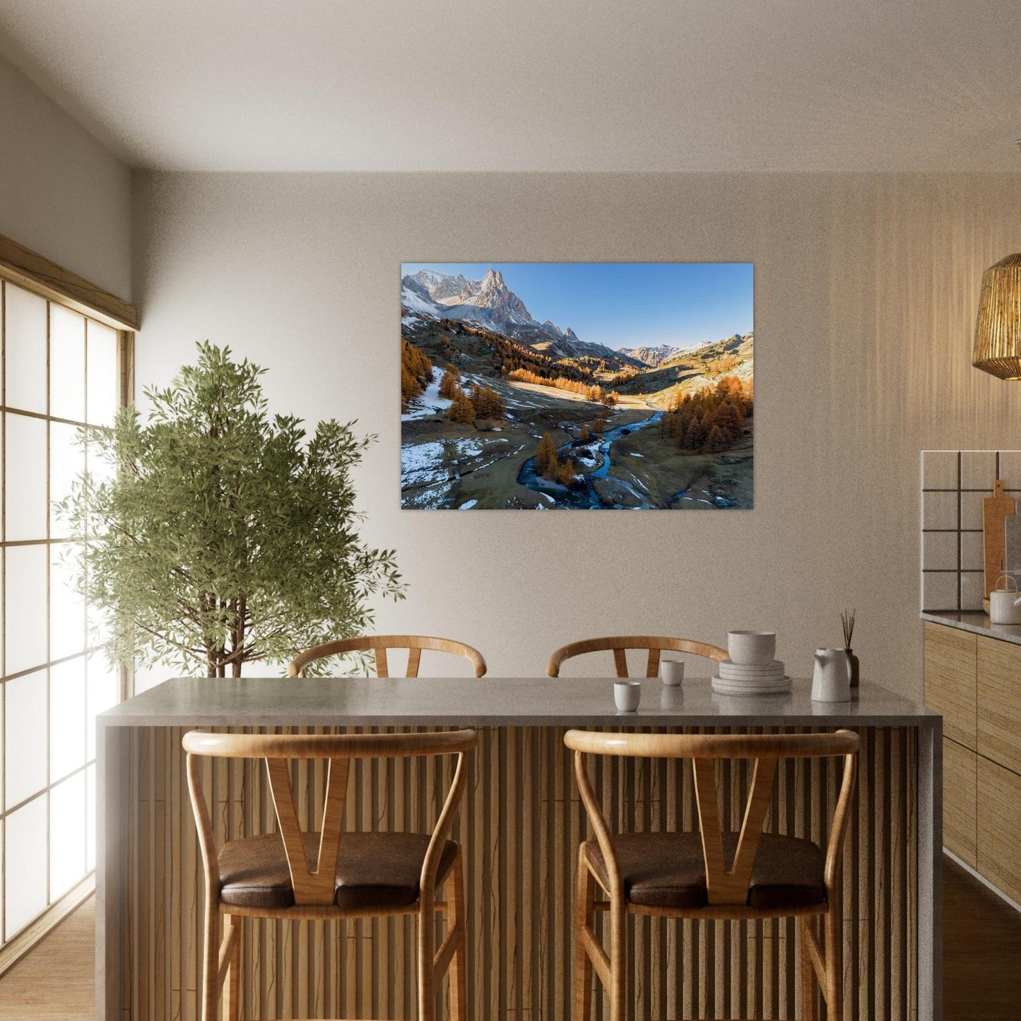 Tableau photo Photo de la Vallée de la Clarée — mélèzes & rivière (Alpes) — tirage aluminium Dibond mat, fabrication française, prêt à accrocher