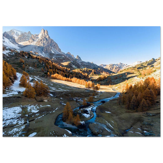 Tableau photo Photo de la Vallée de la Clarée — mélèzes & rivière (Alpes) — tirage aluminium Dibond mat, fabrication française, prêt à accrocher