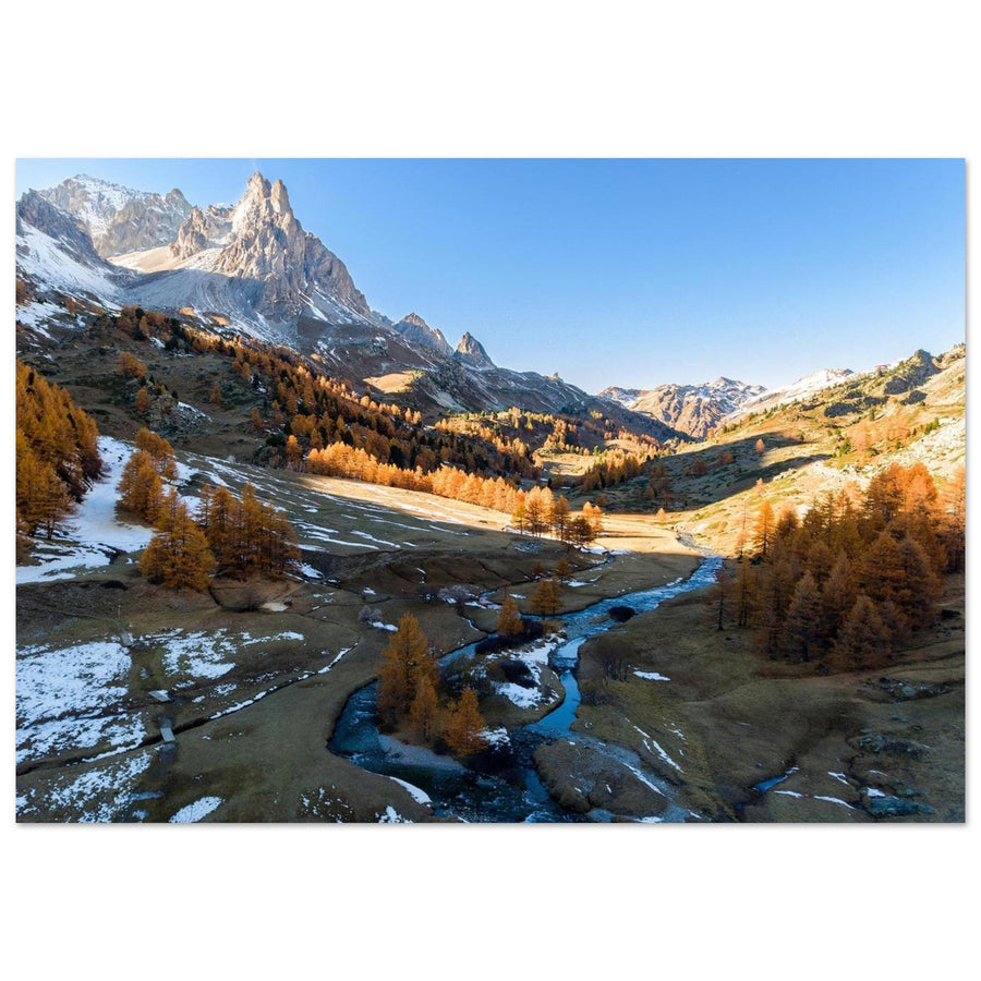 Tableau photo sur aluminium Dibond : La Vallée de la Clarée — mélèzes et rivière (Alpes)