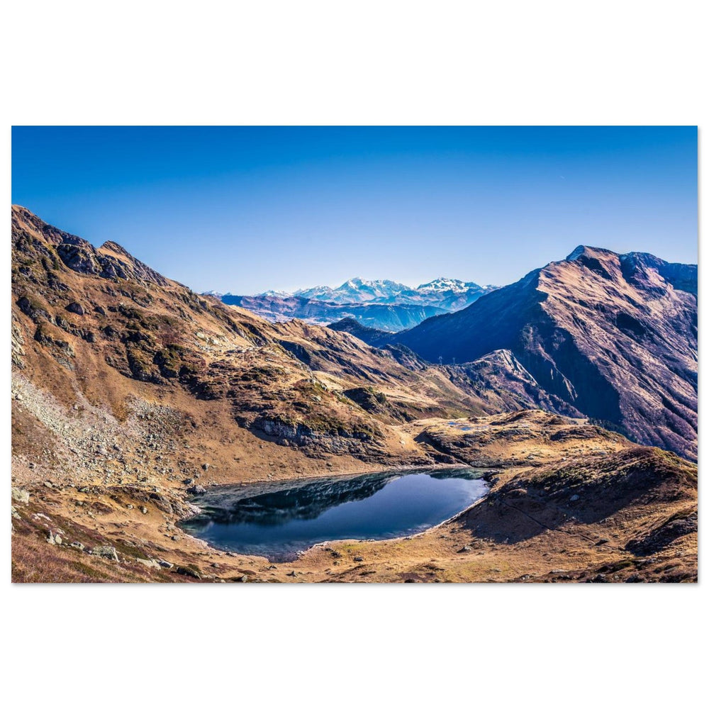 Tableau photo du Grand Arc avec lac d’altitude et vue sur le Mont-Blanc pour grand mur de salon