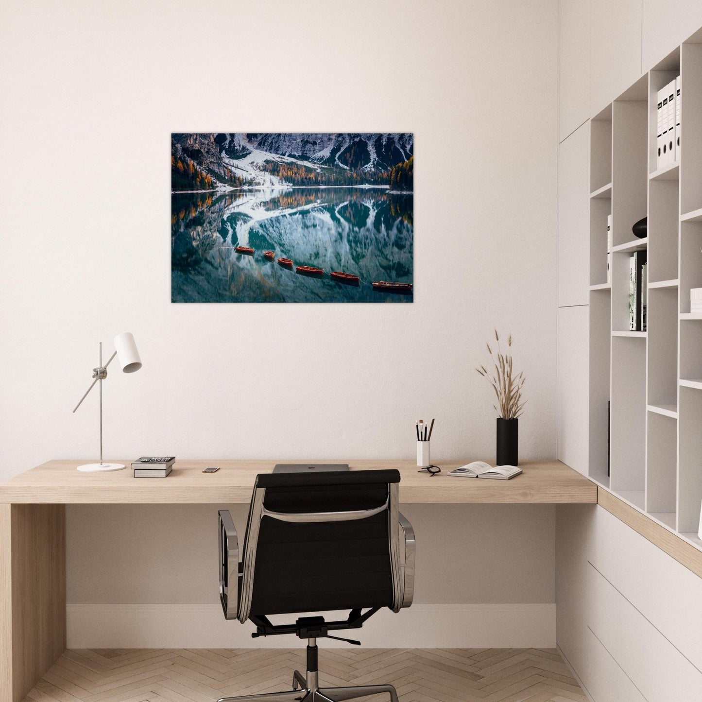 Tableau photo Photo du Lago di Braies — barques & reflets (Dolomites) — tirage aluminium Dibond mat, fabrication française, prêt à accrocher