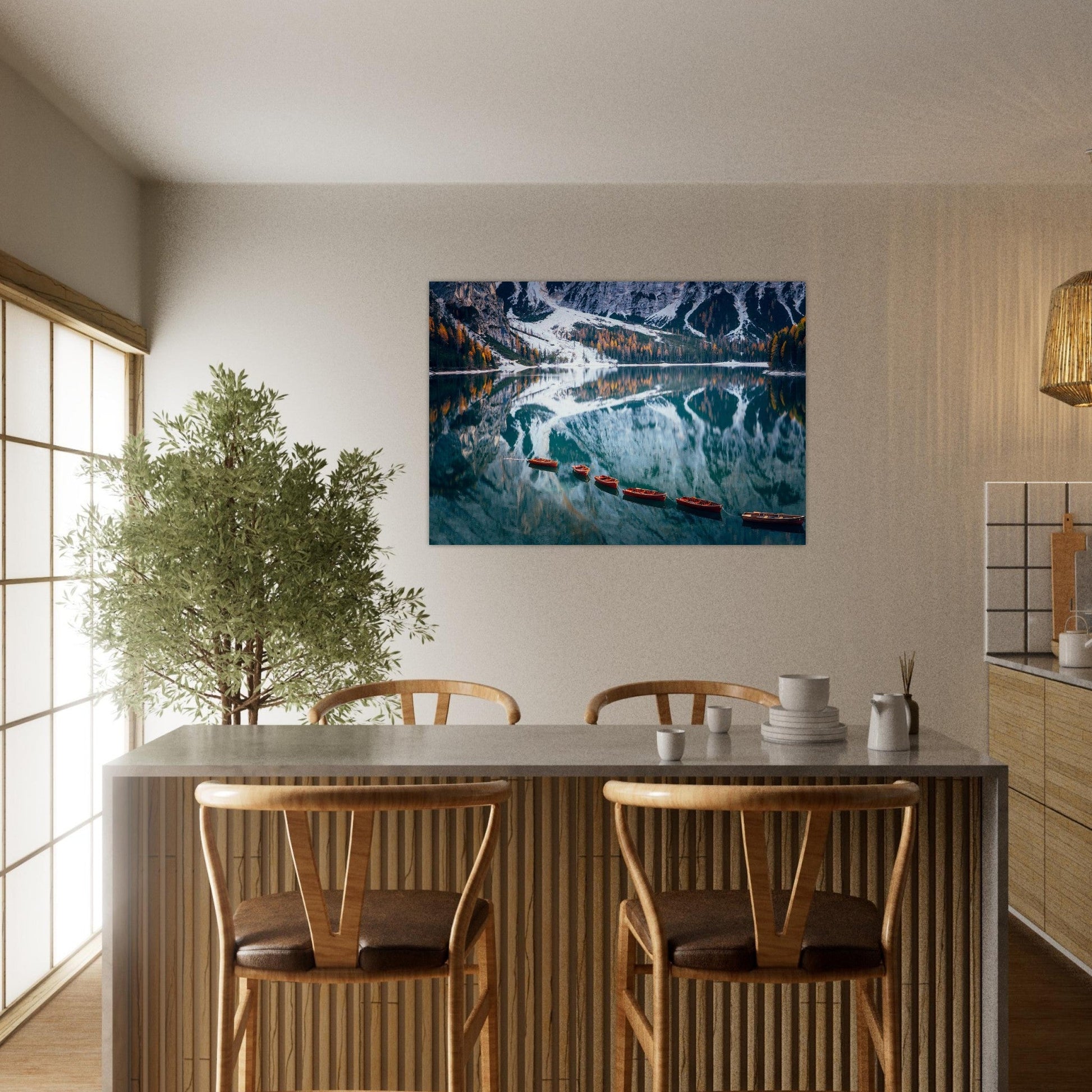 Tableau photo Photo du Lago di Braies — barques & reflets (Dolomites) — tirage aluminium Dibond mat, fabrication française, prêt à accrocher