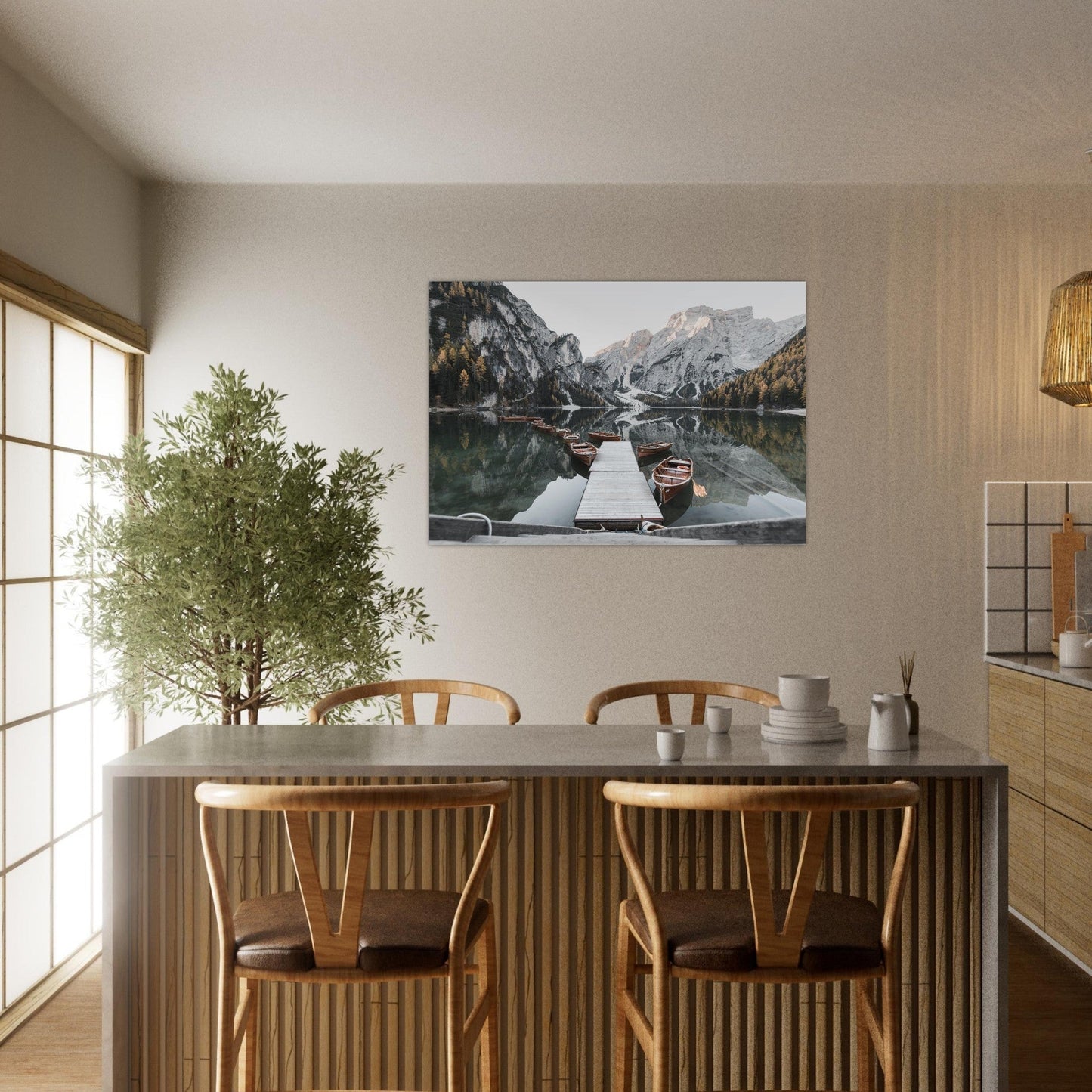 Tableau photo Photo du Lago di Braies — ponton & barques (Dolomites) — tirage aluminium Dibond mat, fabrication française, prêt à accrocher