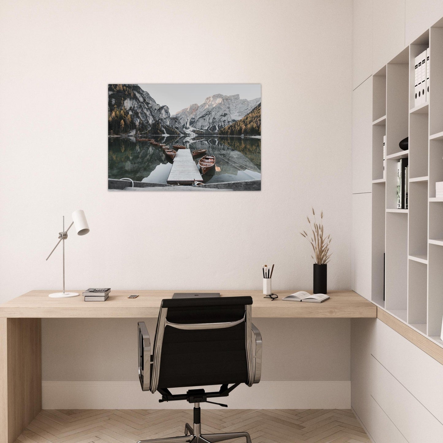 Tableau photo Photo du Lago di Braies — ponton & barques (Dolomites) — tirage aluminium Dibond mat, fabrication française, prêt à accrocher