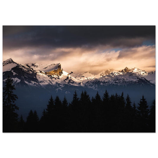 Tableau photo Photo du Massif des Fiz & Aiguille de Varan au couchant — tirage aluminium Dibond mat, fabrication française, prêt à accrocher