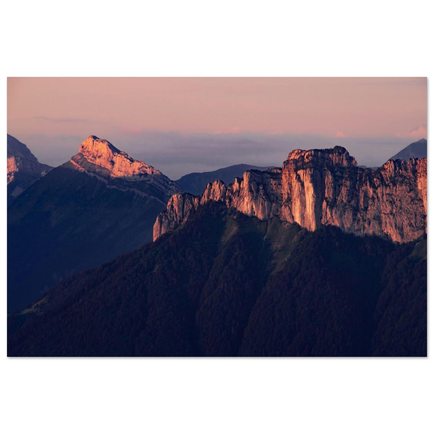 Tableau photo Photo du Rochers des Fiz & Aiguille de Varan — coucher de soleil — tirage aluminium Dibond mat, fabrication française, prêt à accrocher