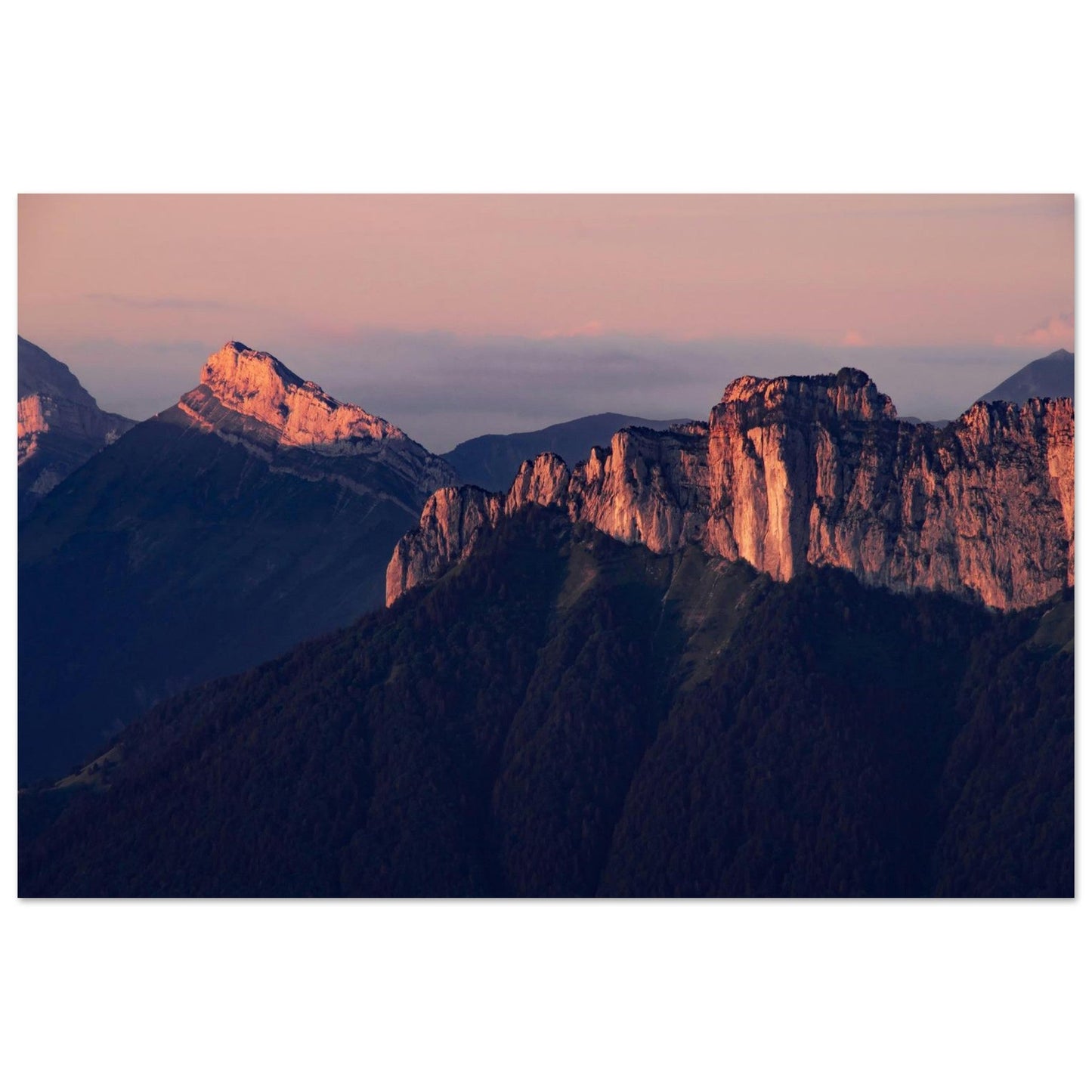 Tableau photo Photo du Rochers des Fiz & Aiguille de Varan — coucher de soleil — tirage aluminium Dibond mat, fabrication française, prêt à accrocher