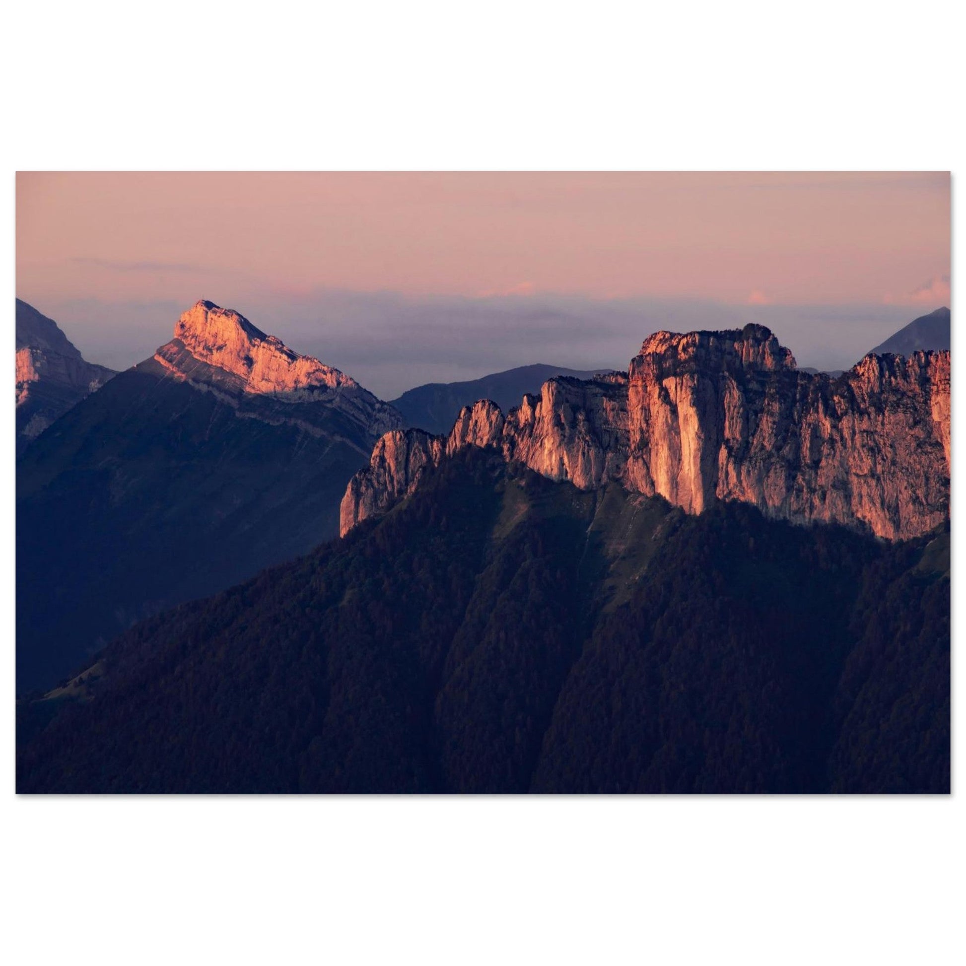 Tableau photo Photo du Rochers des Fiz & Aiguille de Varan — coucher de soleil — tirage aluminium Dibond mat, fabrication française, prêt à accrocher