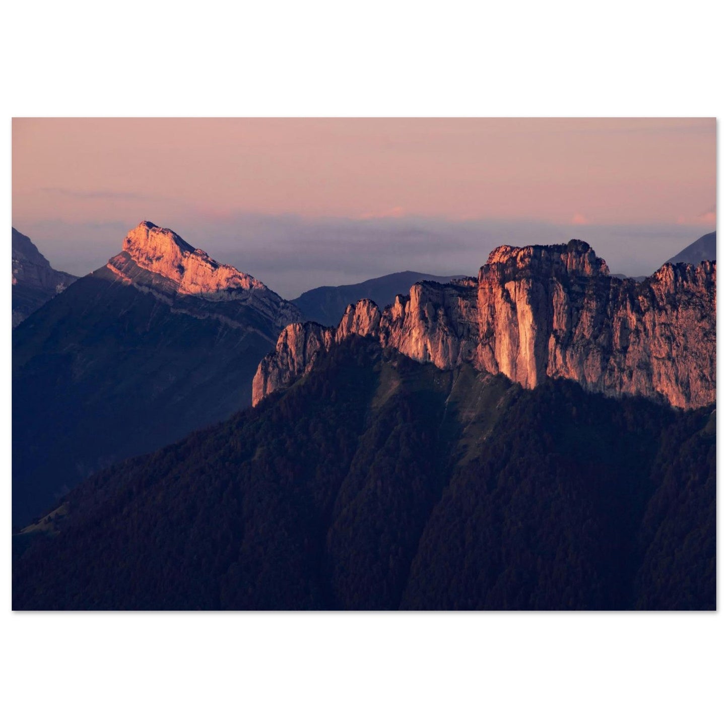 Tableau photo Photo du Rochers des Fiz & Aiguille de Varan — coucher de soleil — tirage aluminium Dibond mat, fabrication française, prêt à accrocher