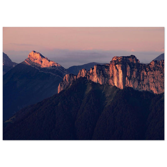Tableau photo Photo du Rochers des Fiz & Aiguille de Varan — coucher de soleil — tirage aluminium Dibond mat, fabrication française, prêt à accrocher